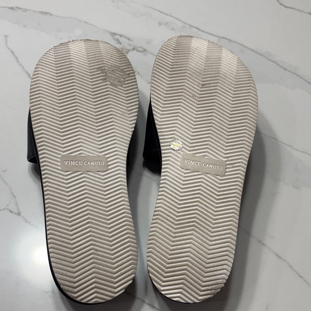 Vince Camuto Black Slide Sandals with Gold Logo - Picture 8 of 8